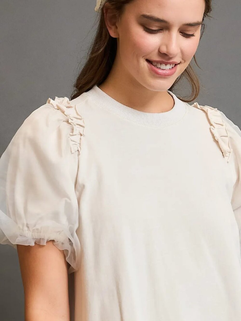 B26 Umgee Puff Sleeve Ruffle Hem Cotton Dress Cream NEW - Picture 2 of 4